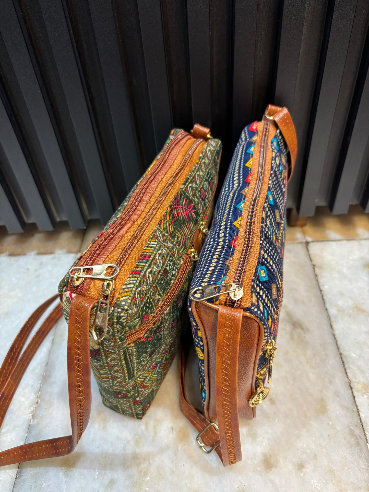 Boho Bloom Dual-Tone Sling Bag for Women (Pack of 2) (Green & D.Blue)