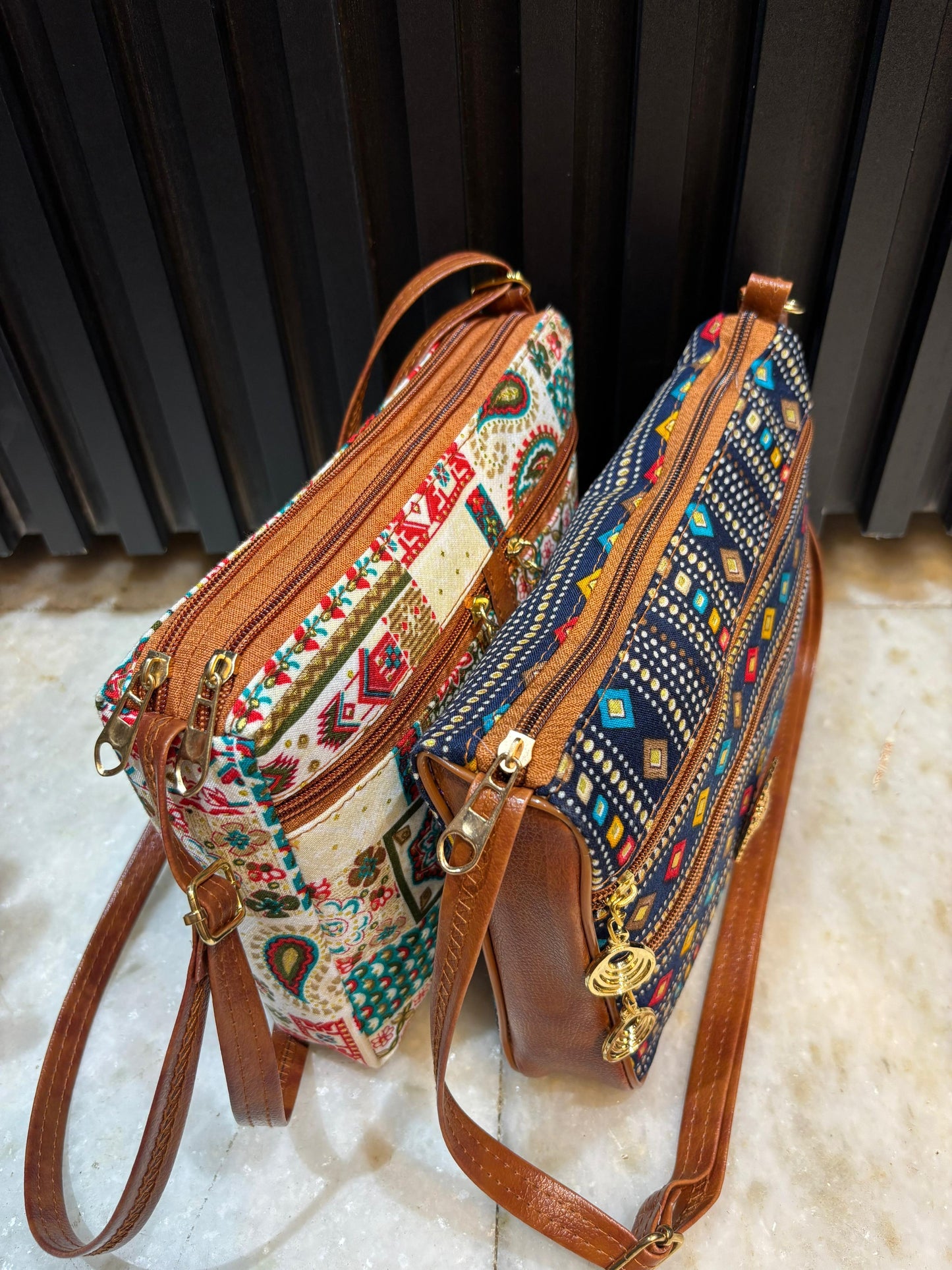 Boho Grace Dual-Tone Sling Bag for Women (Pack of 2) (D.Blue & Cream)