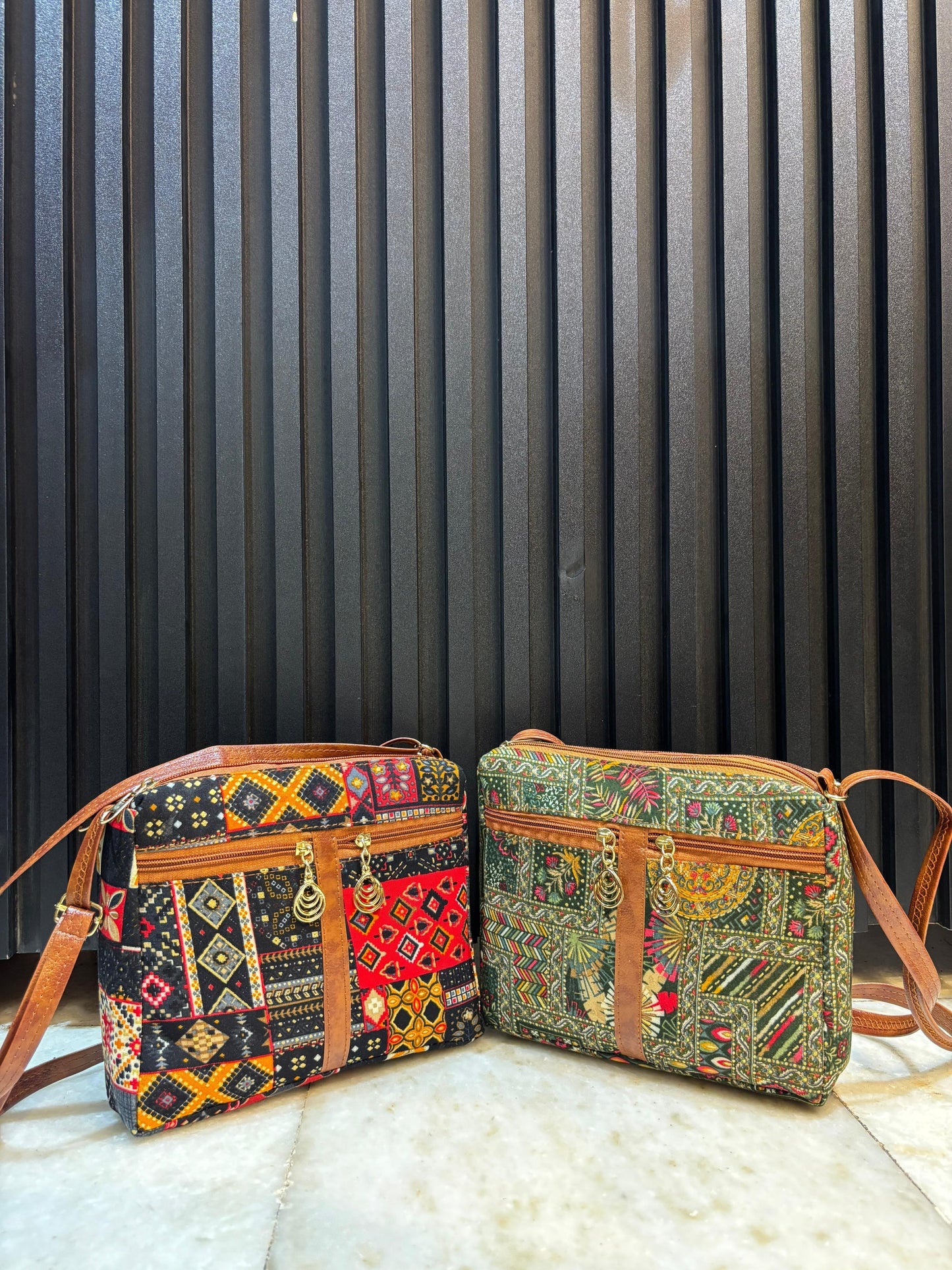 Boho Aura Dual-Tone Sling Bag for Women (Pack of 2) (Green & Black)