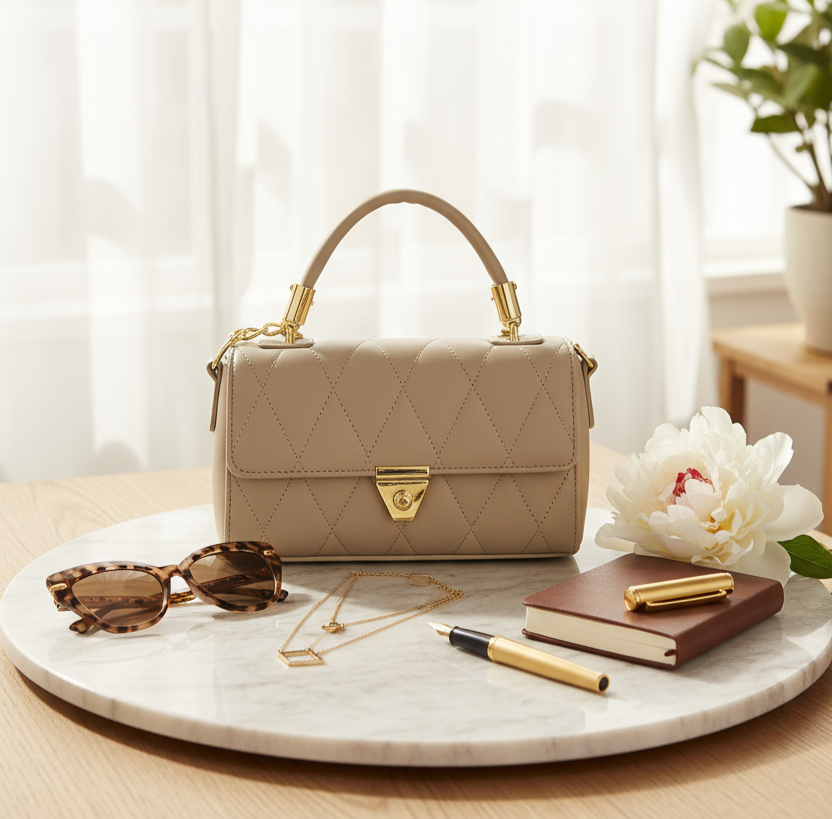 Beige Quilted Handbag for Women