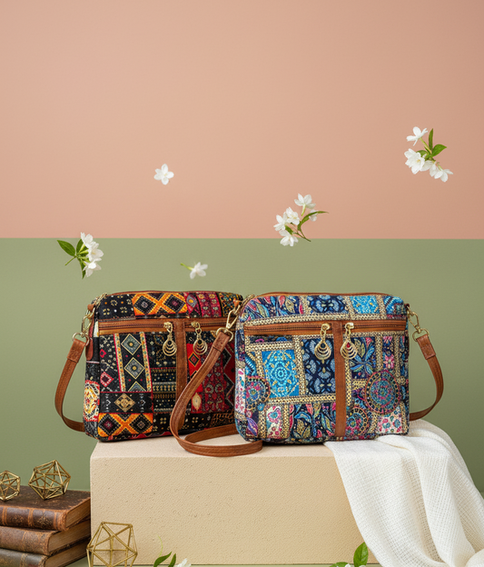 Boho Glow Dual-Tone Sling Bag for Women (Pack of 2) (L.Blue & Black)