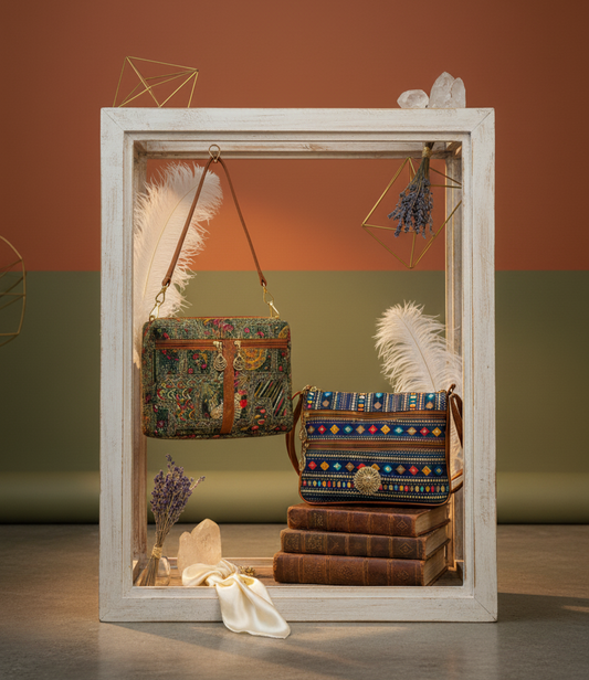 Boho Bloom Dual-Tone Sling Bag for Women (Pack of 2) (Green & D.Blue)