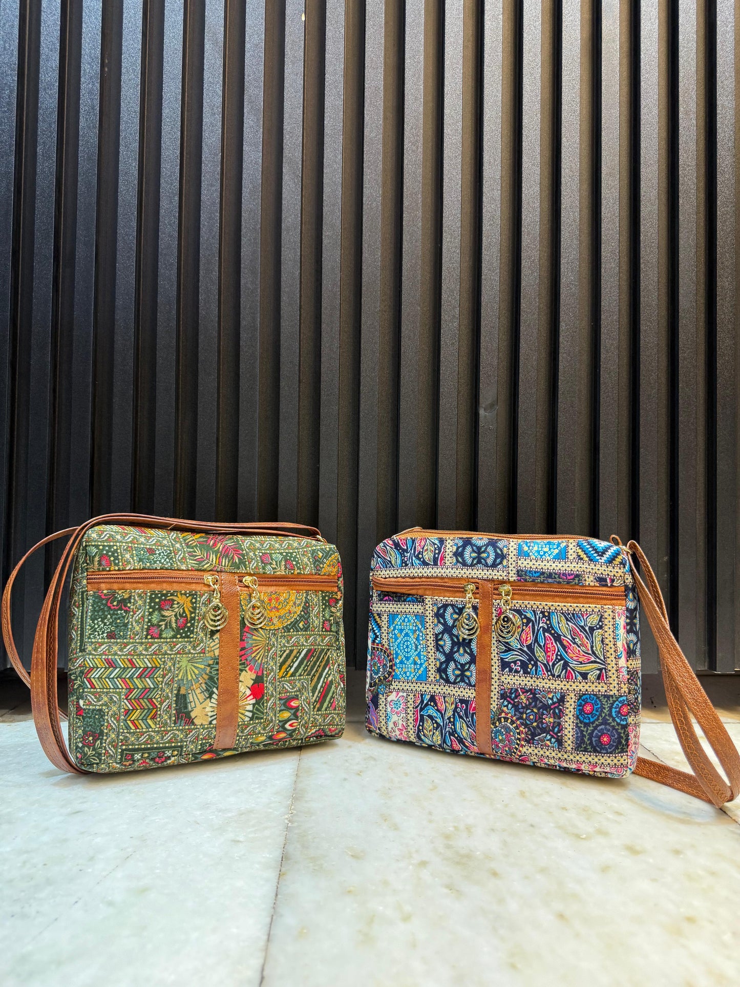 Boho Fusion Dual-Tone Sling Bag for Women (Pack of 2) (L.Blue & Green)