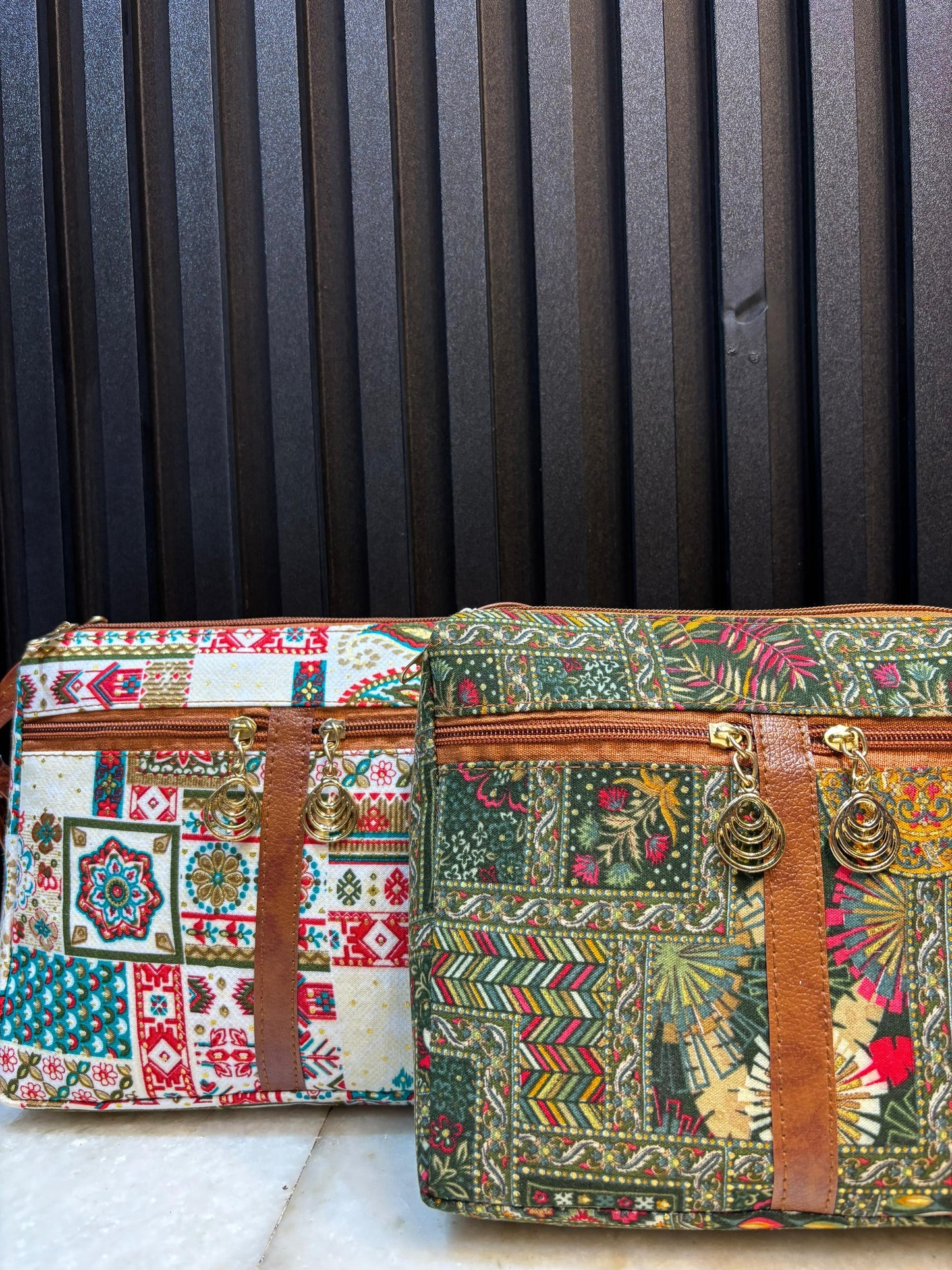 Boho Soul Dual-Tone Sling Bag for Women (Pack of 2) (Green & Cream)