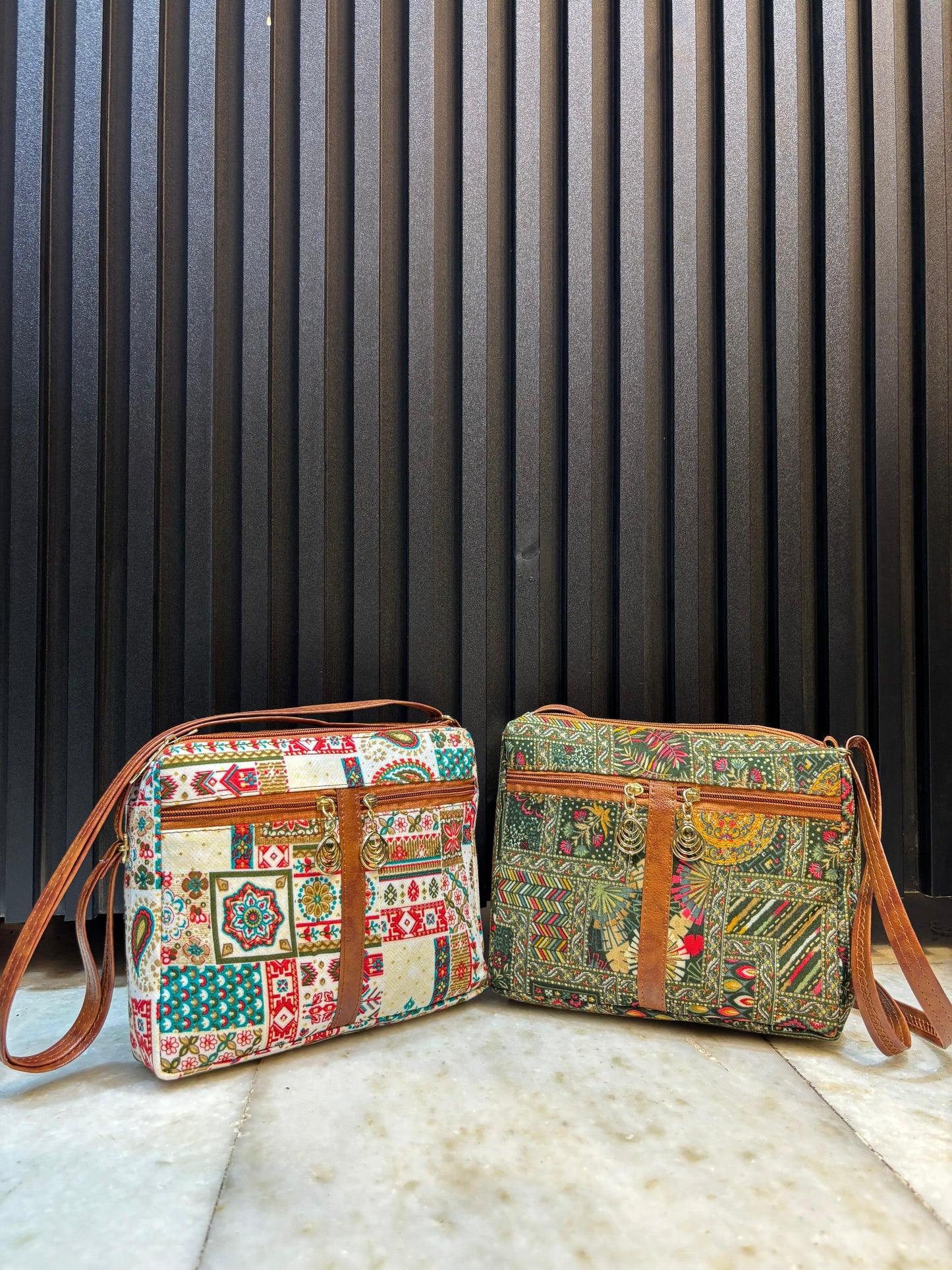 Boho Soul Dual-Tone Sling Bag for Women (Pack of 2) (Green & Cream)