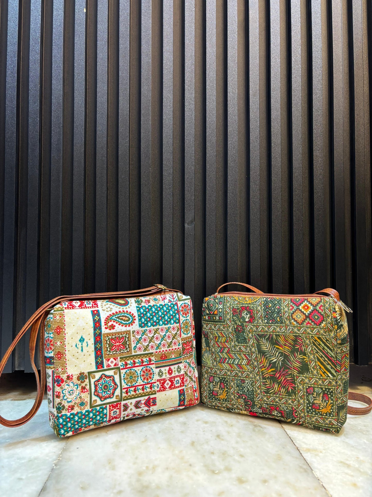 Boho Soul Dual-Tone Sling Bag for Women (Pack of 2) (Green & Cream)