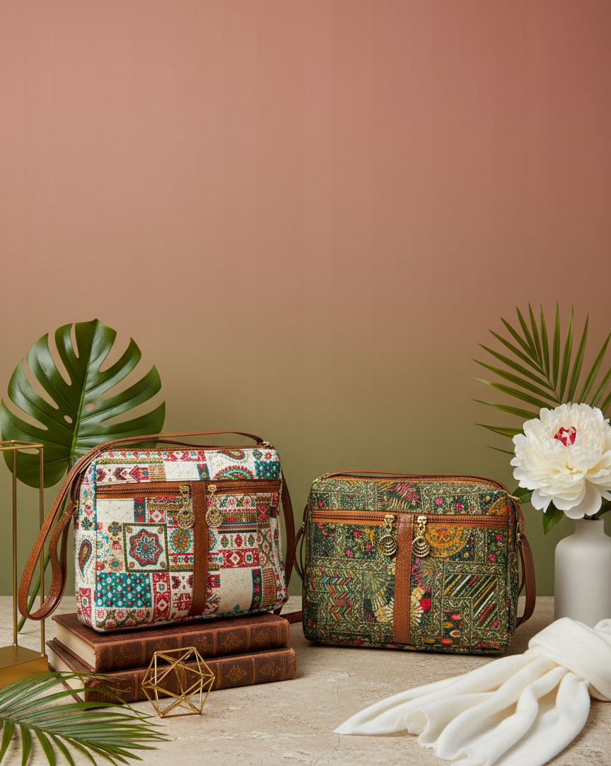 Boho Soul Dual-Tone Sling Bag for Women (Pack of 2) (Green & Cream)