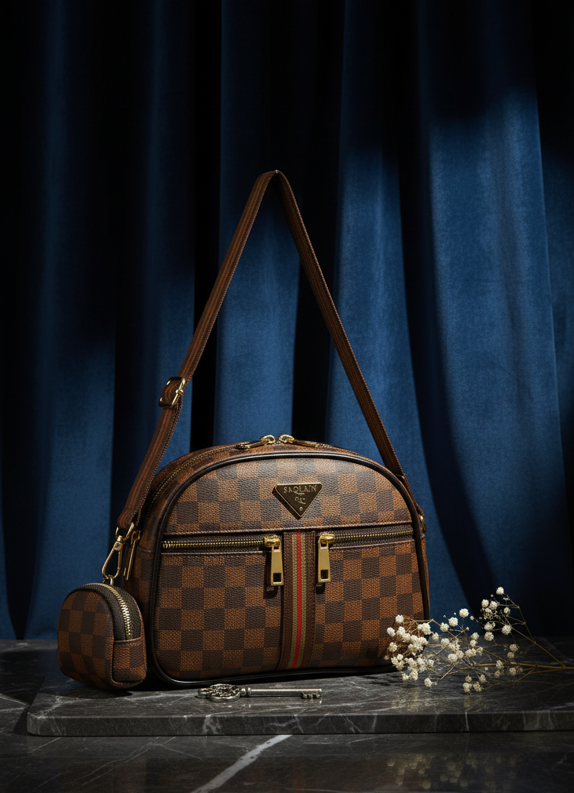 Trendy Checkered Brown Handbag for Women