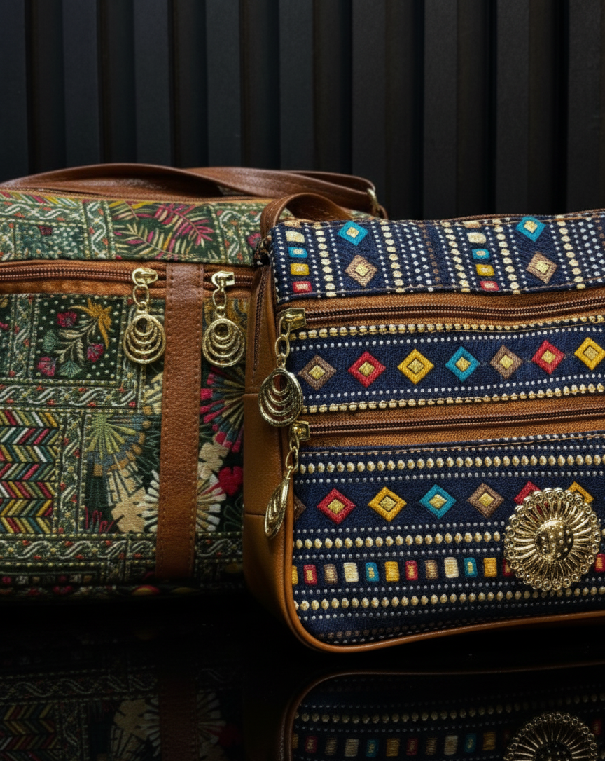 Boho Bloom Dual-Tone Sling Bag for Women (Pack of 2) (Green & D.Blue)