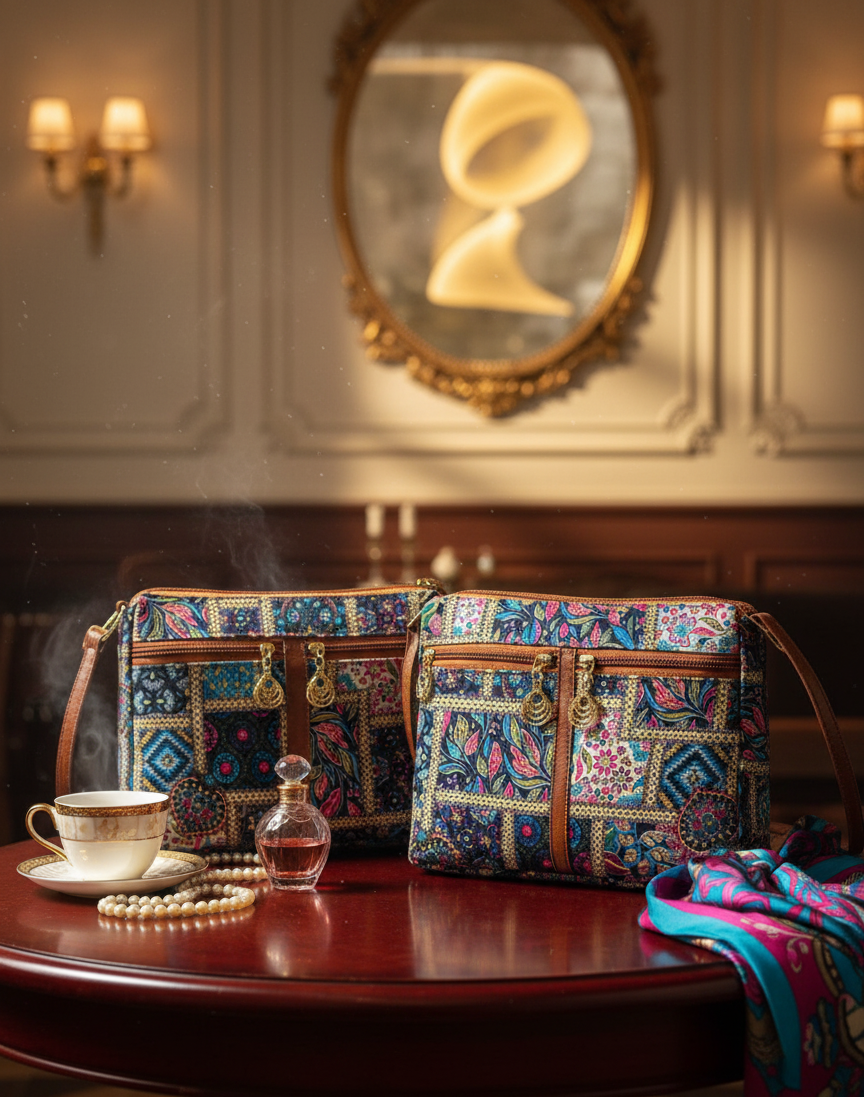 Poco Craze Embroidered Sling Bag For Women (Double L.Blue)