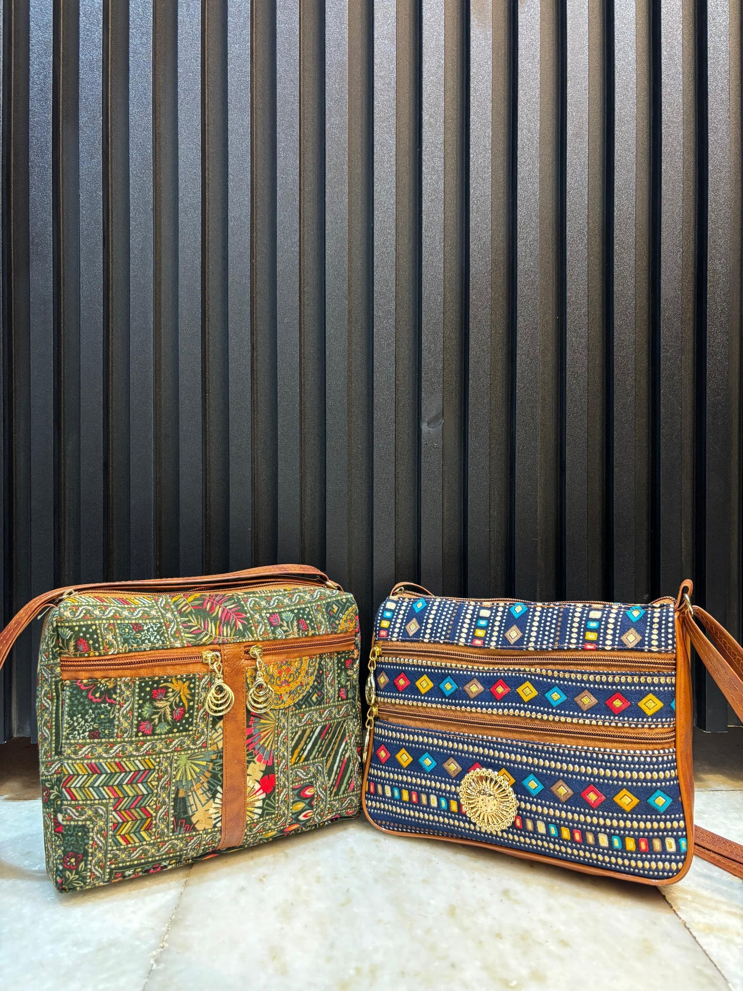 Boho Bloom Dual-Tone Sling Bag for Women (Pack of 2) (Green & D.Blue)