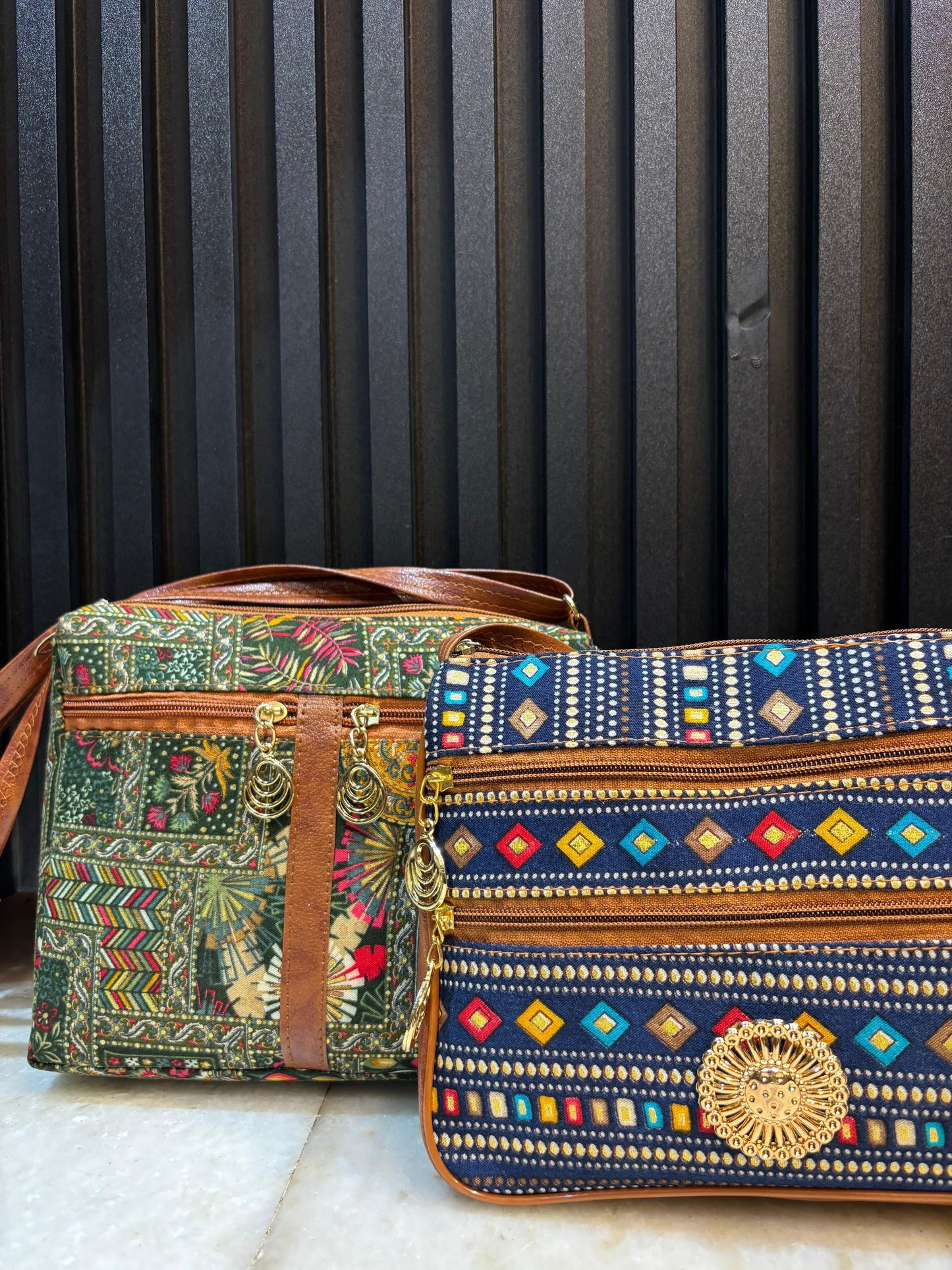 Boho Bloom Dual-Tone Sling Bag for Women (Pack of 2) (Green & D.Blue)