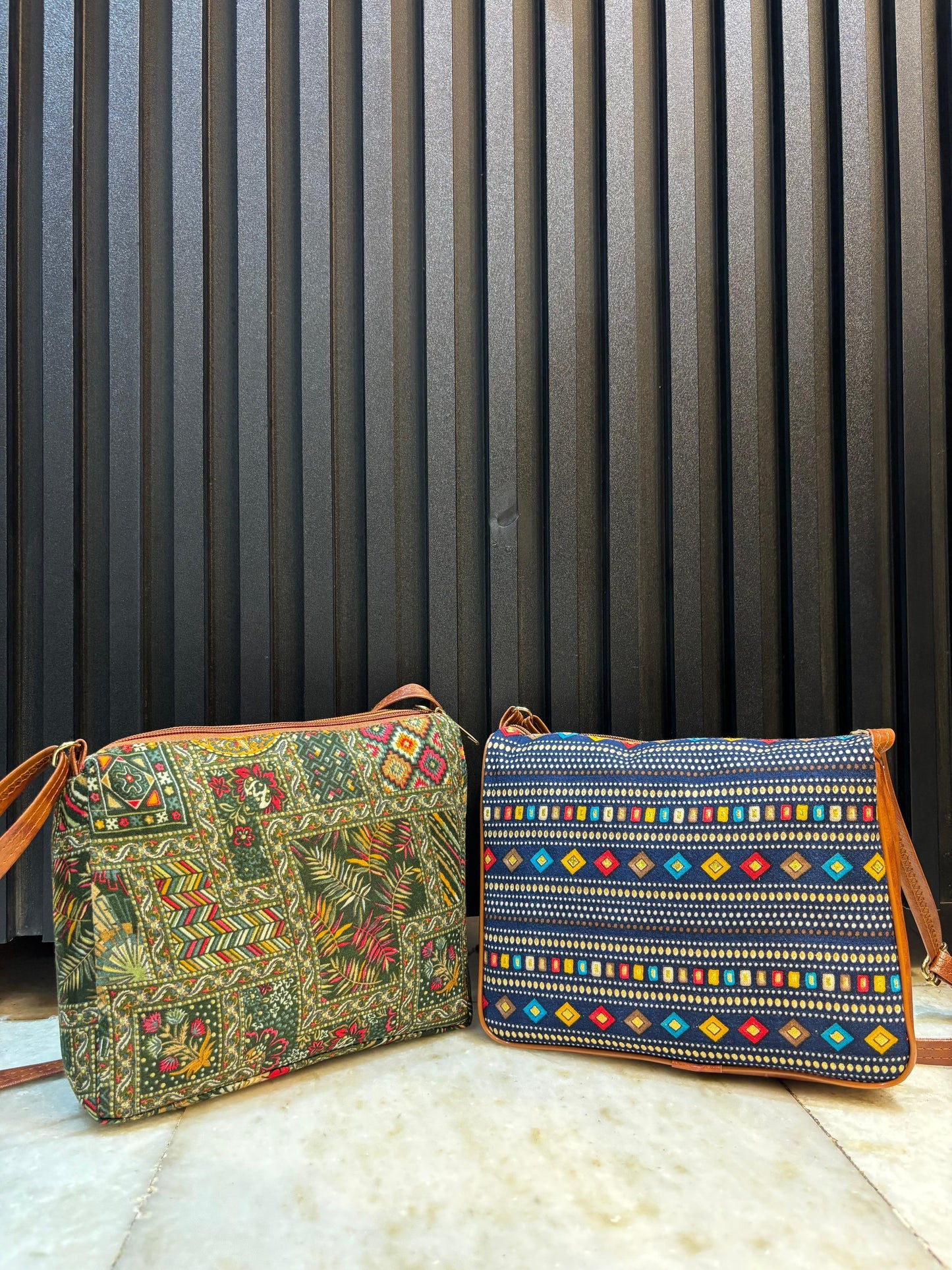 Boho Bloom Dual-Tone Sling Bag for Women (Pack of 2) (Green & D.Blue)