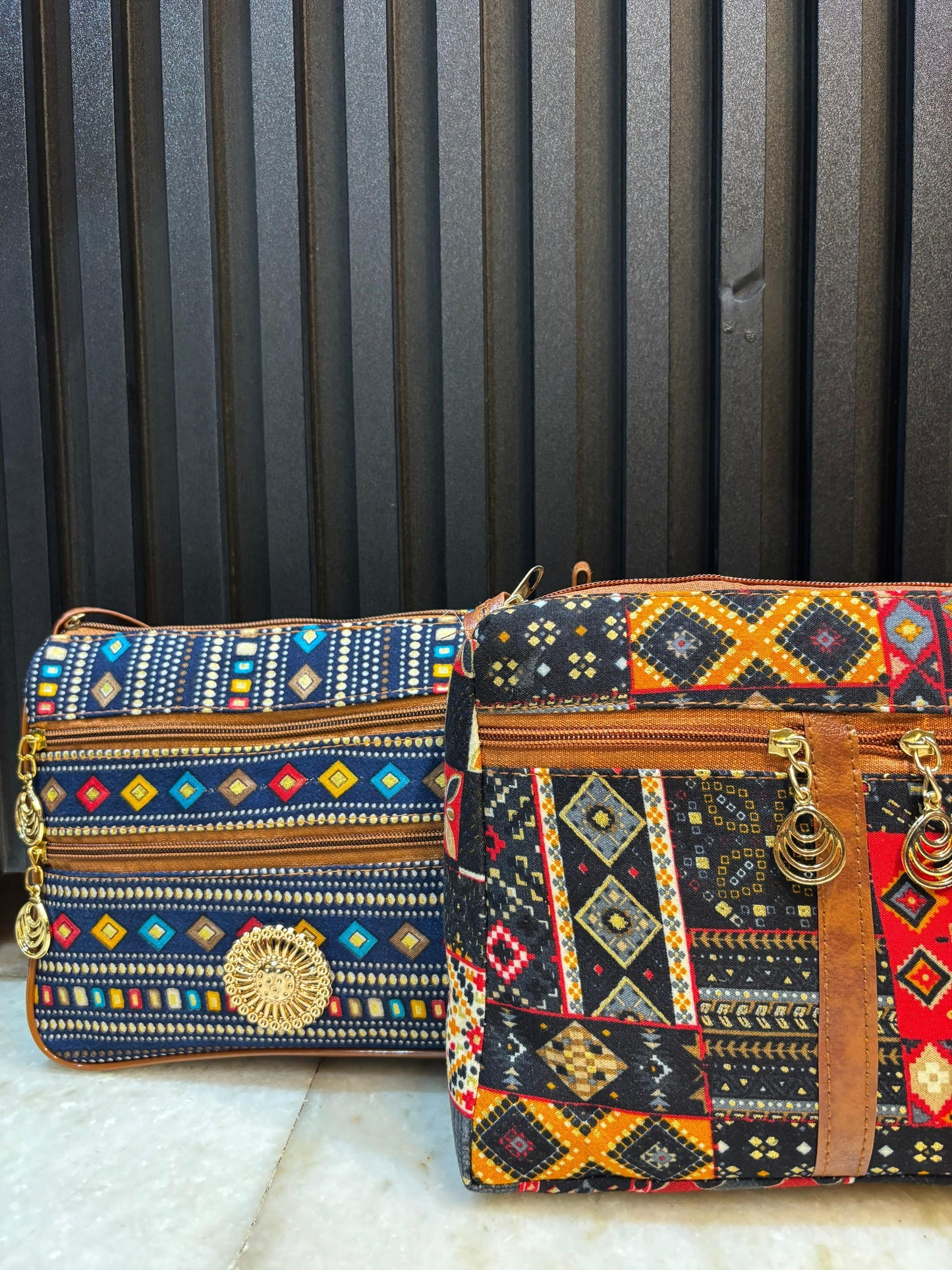 Boho Charm Dual-Tone Sling Bag for Women (Pack of 2) (Black & D.Blue)