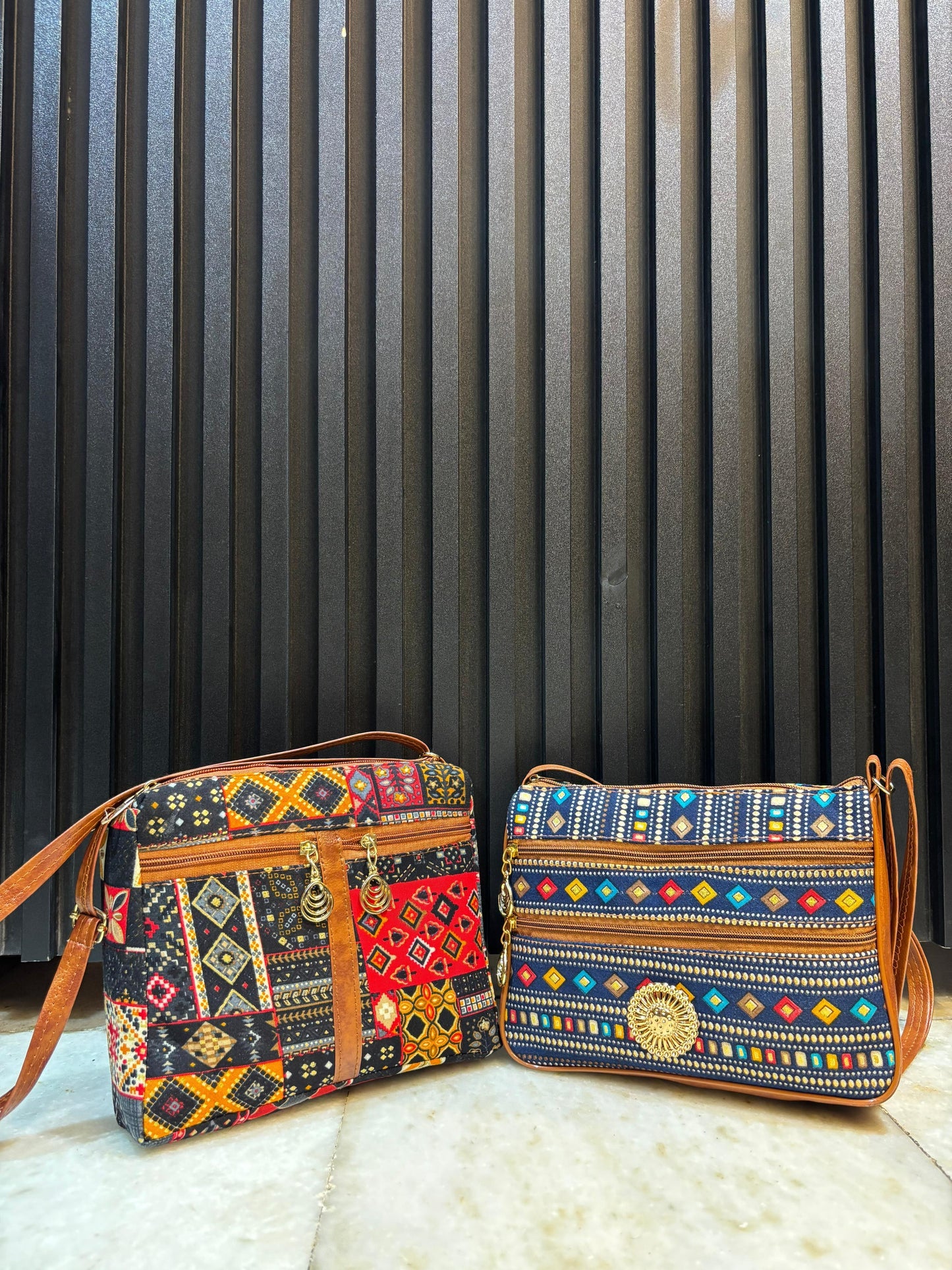 Boho Charm Dual-Tone Sling Bag for Women (Pack of 2) (Black & D.Blue)