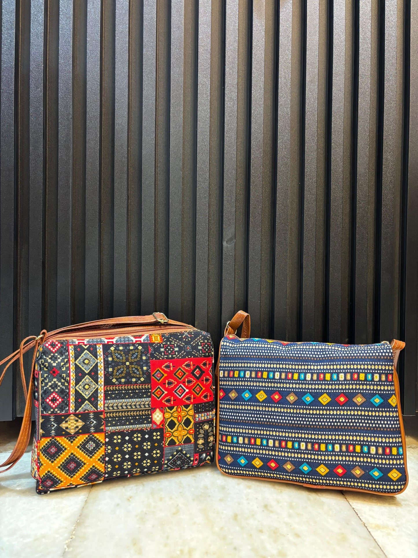 Boho Charm Dual-Tone Sling Bag for Women (Pack of 2) (Black & D.Blue)