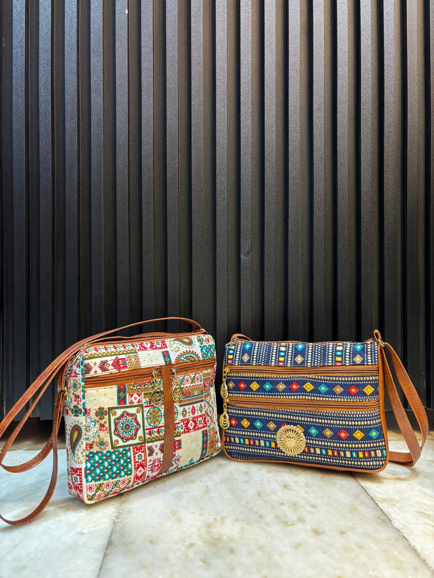 Boho Grace Dual-Tone Sling Bag for Women (Pack of 2) (D.Blue & Cream)