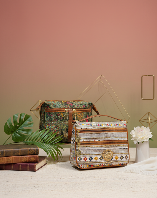 Boho Dream Dual-Tone Sling Bag for Women (Pack of 2) (Green & White)