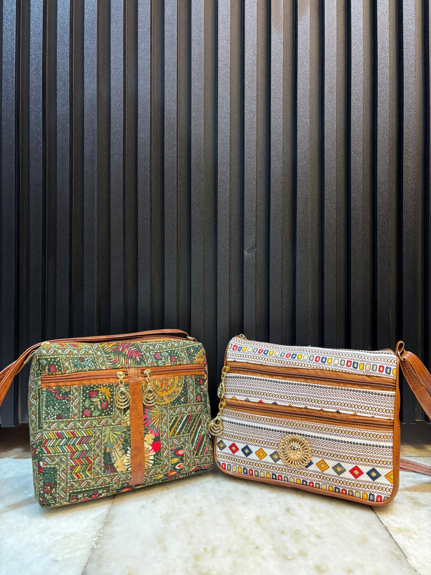 Boho Dream Dual-Tone Sling Bag for Women (Pack of 2) (Green & White)