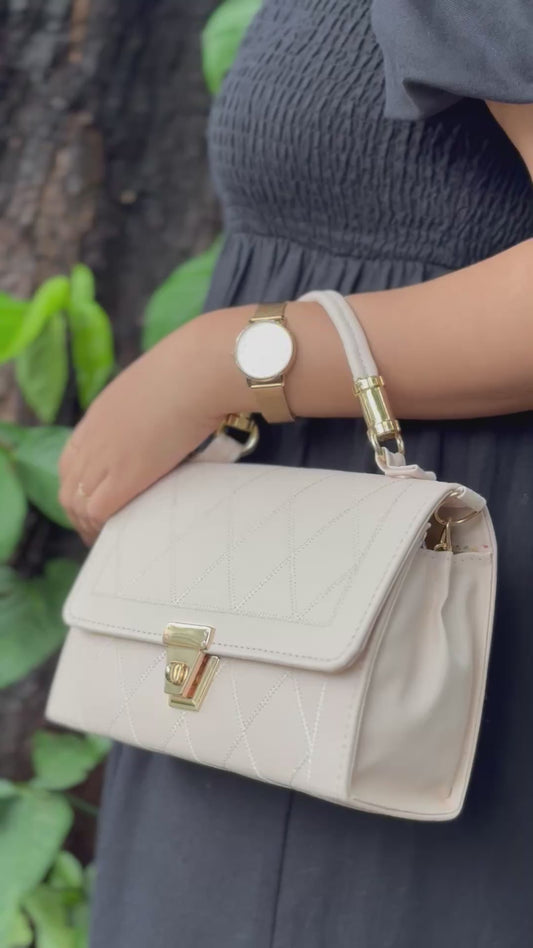 Beige Quilted Handbag for Women
